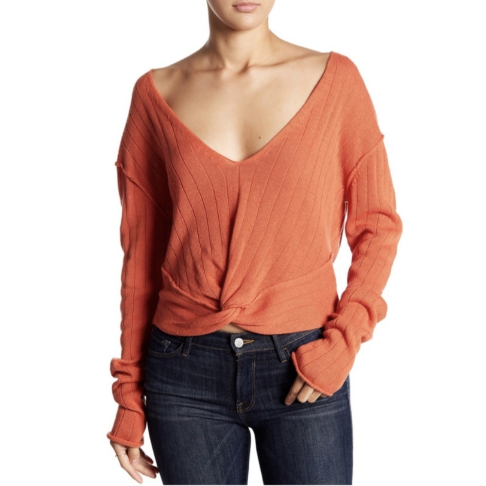 Free People Women's Size Small Cropped Twist Front Linen Blend Sweater Orange